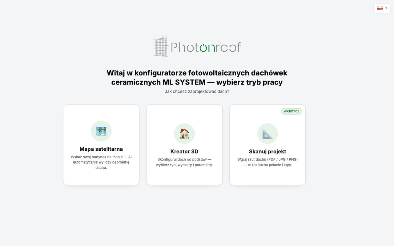 Ekran startowy konfiguratora Photonroof z wyborem trybu pracy